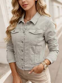 女款經典classic牛仔衣 附彈性 水洗 秋季 Women's denim jackets Women's coats Women's tops Women's jackets Stretch denim jackets Outerwear Comfortable Everyday Fall Summer Fall Vacation OutingCasual休閒帆布 - 淺灰色 - 查看 1