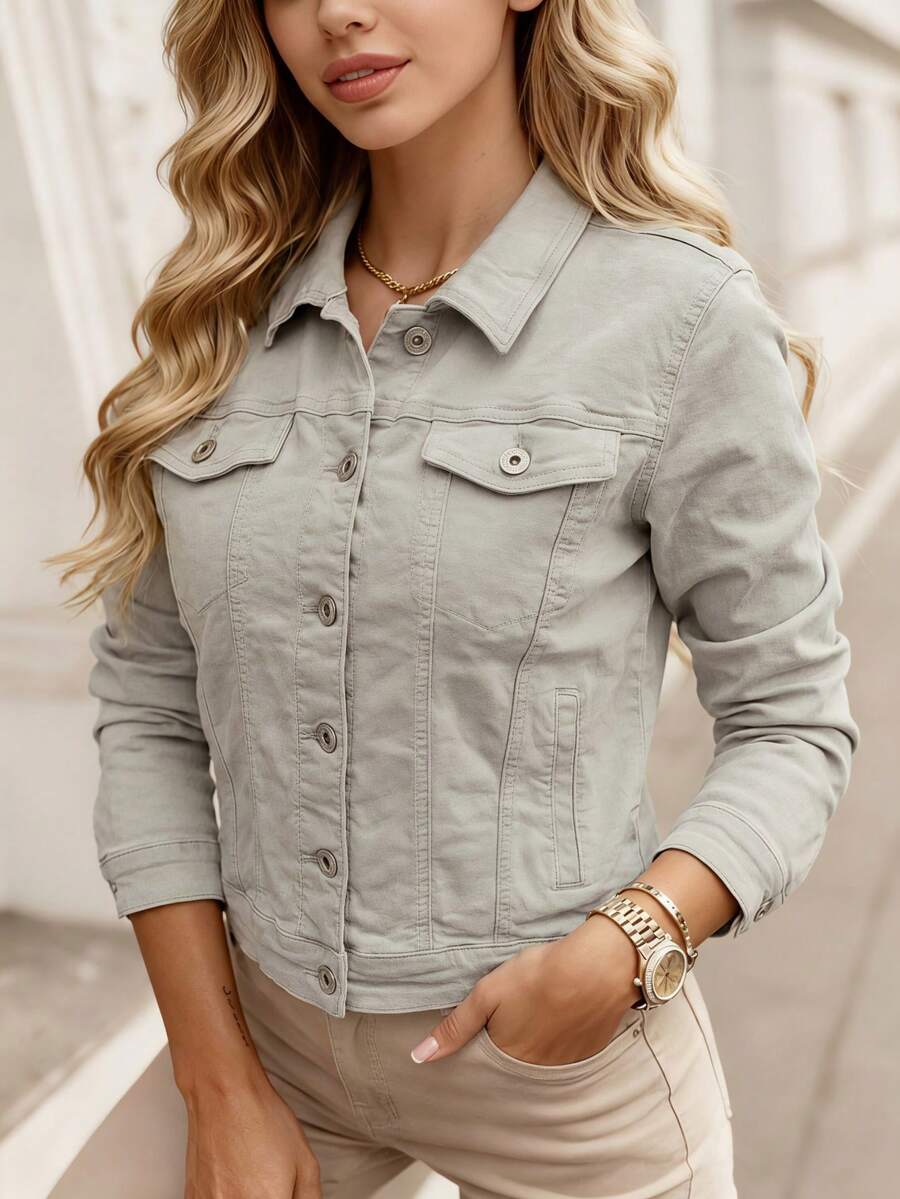 女款經典classic牛仔衣 附彈性 水洗 秋季 Women's denim jackets Women's coats Women's tops Women's jackets Stretch denim jackets Outerwear Comfortable Everyday Fall Summer Fall Vacation OutingCasual休閒帆布 - 淺灰色 - 查看 1