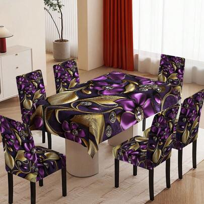 Bộ khăn trải bàn và bọc ghế in hoa màu tím gồm 4/6/5/7 món, 4 món (4 bọc ghế), 6 món (6 bọc ghế), 5 món (1 khăn trải bàn + 4 bọc ghế), 7 món (1 khăn trải bàn + 6 bọc ghế), thích hợp sử dụng trong nhà/ngoài trời, cho các buổi họp mặt gia đình, trang trí bàn ghế ngày lễ, có thể tái sử dụng.