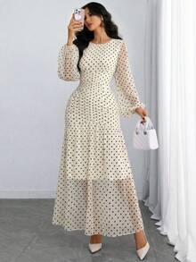 Đầm nữ thanh lịch, gợi cảm, lãng mạn, mang phong cách retro với họa tiết trừu tượng, chất liệu lưới xuyên thấu hai lớp, tay phồng, eo chun, thích hợp cho các kỳ nghỉ, hẹn hò và mặc hàng ngày vào mùa xuân. - Màu be - Xem 6