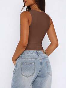Women's Sleeveless Square-Neck Double-Layer Lined Basic Jumpsuit: Sexy Solid-Color Fitted Summer Jumpsuit - 咖啡 - 查看 4