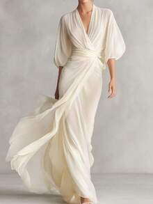 2026 Spring/Summer New European And American Socialite Style Deep V-Neck Shoulder Length Lantern Sleeves Cinched Waist Long Dress Elegant Temperament Banquet Evening Dress Slimming And Slimming Party Dress - 米白色 - 查看 7
