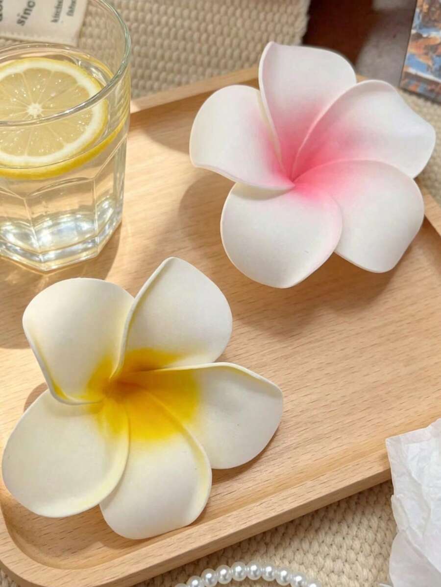 2 件装波西米亚风鸡蛋花粉色和黄色甜美度假海滩侧刘海装饰发夹头饰，夏季，假日，旅行，女士配饰，爪夹 - 彩色 - 查看 1