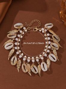 1pc Fashion Ocean Element Jewelry, Bohemian Style Tassel Faux Shell & Leaf Charm Beach Resort Jewelry Anklet For Women - Gold - View 2