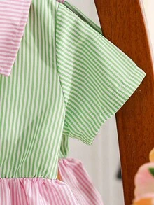 Vestido camisero casual de niña con rayas y parches, para primavera/verano - Verde - Ver 5