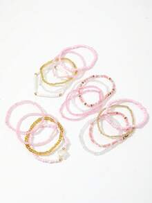 17件/套 粉色弹力米珠手链 女士手工串珠链手镯 波西米亚风可叠戴首饰 - 粉色 - 查看 3