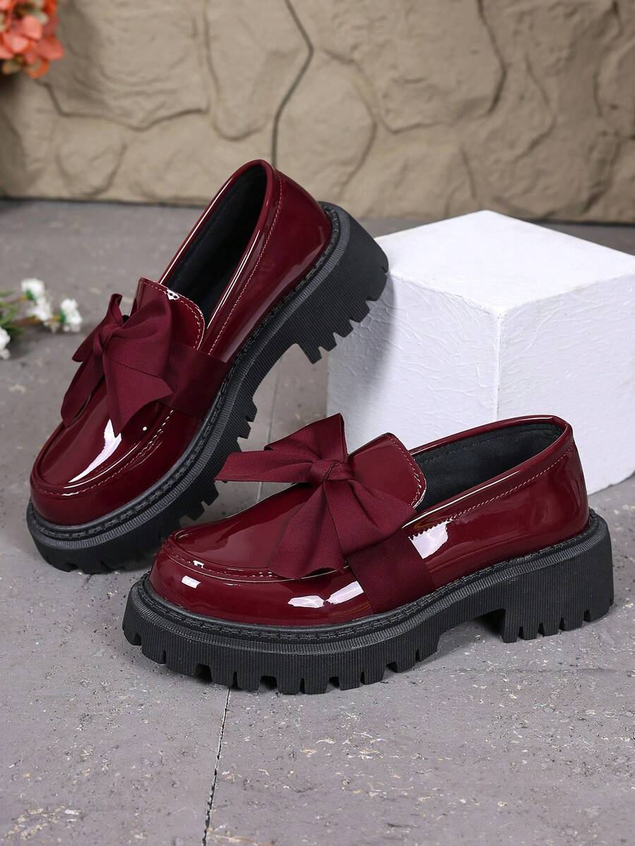 Women's Bow Thick Sole Loafers, Office Business Casual Leather Shoes For Spring & Autumn - Burgundy - View 1