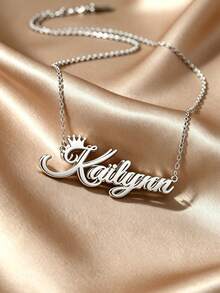 1 pieza Collar de acero inoxidable chapado en oro de 18K, collar de acero inoxidable con letra de nombre personalizable de doble cara de moda, colgante con corona y nombre, múltiples opciones de fuente, incluye caja de regalo de lujo - Plateado - Ver 2