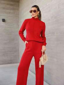 Premium Soft Knit Set, Sophisticated High Neck, Straight Cut, Warm Knit For Winter, Comfy Chic Look - 紅色 - 查看 2