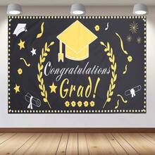 1 Piece Of Graduation Season Polyester Banner - 90.5x 70.8inch , Mixed Color Design "Congratulations Graduates!" With Hat And Diploma Pattern, Suitable For Outdoor Decoration, Home And Studio Props, Holiday Parties, And Room Decoration - 查看 5