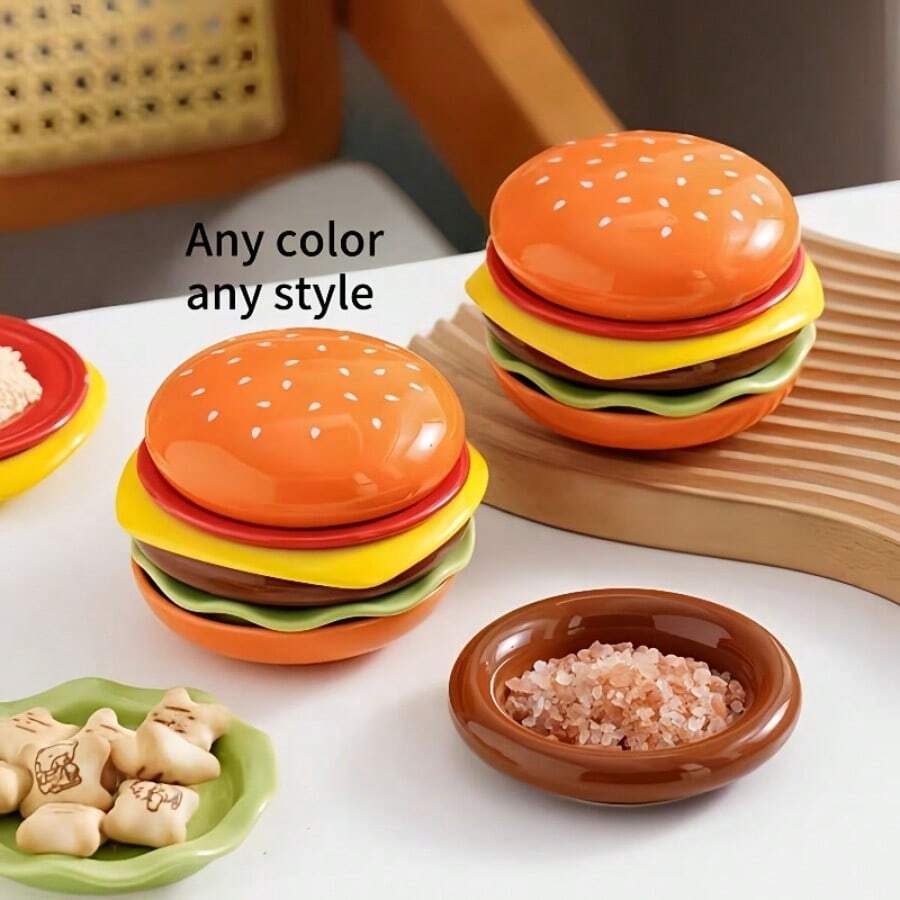 Bộ 6 đĩa nhựa hình hamburger, đa năng dùng đựng gia vị, đồ nướng, lẩu, nước chấm, đồ ăn nhẹ, đĩa nhà bếp dễ thương đựng salad, tráng miệng, đồ ăn vặt có ngăn đựng nước chấm.