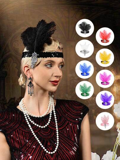 1 chiếc băng đô cài tóc đính lông vũ và sequin kiểu Great Gatsby thập niên 1920 của D EXCEED, thích hợp cho các bữa tiệc theo chủ đề, tiệc cocktail, dạ hội, đám cưới, trang trí sân khấu, biểu diễn, tiệc trà chiều.