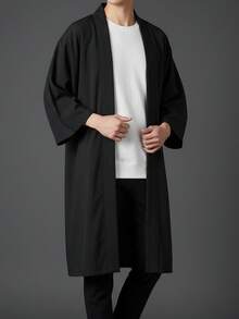 日式羽織罩衫和服 夏季日常通勤長袖罩衫 中式復古寬鬆百搭長袍 海灘度假防曬純色極簡男士長版上衣 - 黑色 - 查看 5