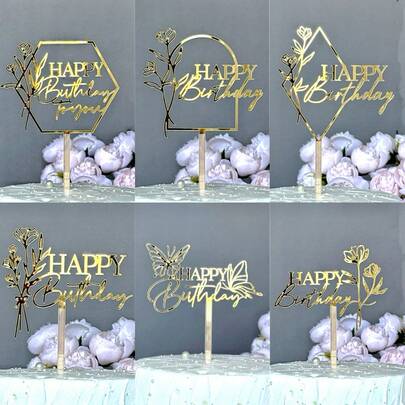 1pc/3pcs Gold Acrylic "Happy Birthday" Cake Topper With Flowers, Birthday Cake Decorations