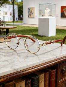 Gafas de moda de mujer con montura redonda de doble aro, con diseño de marco con relieve creativo y estampado de textura de madera, ideales para el uso diario y salidas casuales - Multicolor - Ver 12