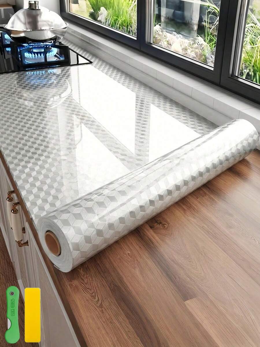 银色方格自粘墙纸，耐热防油铝箔接触纸，防水不锈钢材质，适用于厨房台面、防溅板、电器架衬垫 - 方格鋁箔 - 查看 1