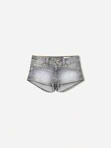 Women's Low Rise Double Button Denim Shorts Fitted Casual Summer Hot Pants With Pockets - Grey - View 10