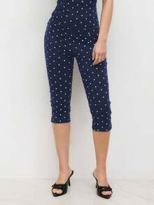 Women Y2k Polka Dot Printed Capris Cute Low Rise Stretchy Cropped Pants Side Bow Tie Skinny Capri Leggings Going Out - 深藍色 - 查看 4