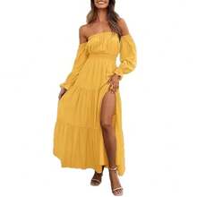 2026 New Bohemian Sexy Off-Shoulder Dress With Ruched Side Slit Long Skirt - cà phê - Xem 9