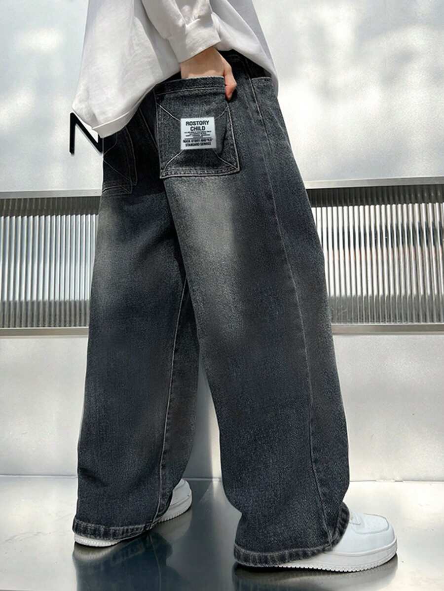 Tween Boy Letter Embroidered Patch Wide Leg Loose Casual Jeans - Black - View 1
