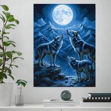 Kit de 1 pieza para pintar por números de lobo bajo la luna, adecuado para adultos y principiantes, arte DIY de lobo y montaña en noche estrellada con lienzo prenumerado, pinturas incluidas - tela sin marco para regalo de decoración del hogar, para pinturas con temática de naturaleza - Enmarcado - Ver 2