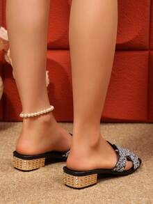 Nuevas llegadas del verano 2026, sandalias de mujer de tacón grueso con adornos de strass, moda clásica y versátil - Negro - Ver 5