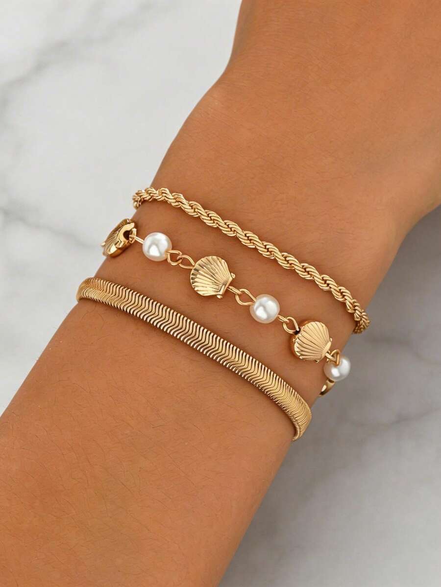 3 Stücke/Set minimalistischer eleganter Goldarmband, modischer Muschel- & Kunstperlen-Mehrschicht-Armband, geeignet für den täglichen Gebrauch, Fotoshootings, Reisen, Dates, Restaurantbesuche - Verschiedenfarbig - Übersicht 1