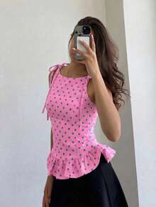 Nueva llegada Elegante y de moda Blusa casual sin mangas para mujer con volantes y lunares, adecuada para uso diario, ir al trabajo, citas sexys, vacaciones en todas las estaciones - rosa - Ver 6