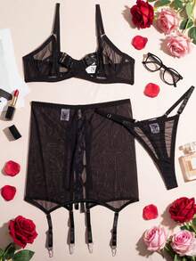 Conjunto de 3 piezas de lencería sexy para mujer, incluye corpiño, portaligas y sujetador con aros - Negro - Ver 1