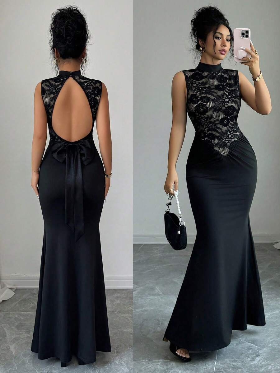 女士优雅性感长裙，收腰露背蝴蝶结设计，高端派对生日宴会蕾丝拼接连衣裙 - 黑色 - 查看 1