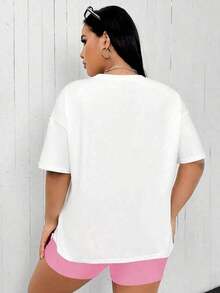 Plus Size Summer Casual Letter Print T-Shirt And Shorts 2 Pieces Set Anti-Wrinkle Cotton T-Unisex Loose - Fit Comfortable Vintage Street - Style C-L91 - 白色2 - 查看 2