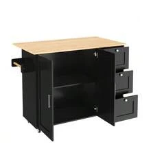 Large Mobile Kitchen Table 135 X 44 (70) X 90 Cm, Oak Countertop, Folding Design, Multifunctional Cabinet, 3 Drawers, Towel Rack, Suitable For Kitchen, Dining Room And Home. - 黑色 - 查看 7