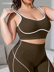 Plus Size Women Seamless Bra, Contrast Color Trim Design, High Elasticity, Soft & Comfortable, Casual Daily Wear For Summer Sports - Coffee Brown - View 6