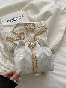 Túi xô dây rút hình ngôi sao và mặt trăng màu trắng, túi đeo chéo dây xích ngọc trai, túi đeo vai kiểu cô gái ngọt ngào. - trắng - Xem 3