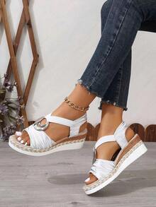Summer New Thick Bottom Wedge Sandals, Commuting Versatile, Retro, Open Toe Plus Size Outdoor Sandals For Women - White - View 3