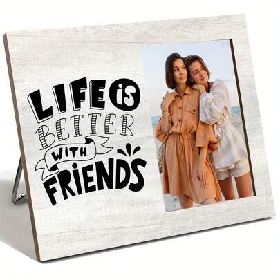 1 pieza Marco de fotos de madera vintage con cita "La vida es mejor con amigos" - Diseño de doble columna, estilo rectangular minimalista, regalo perfecto para amigos, adecuado para decoración de escritorio de oficina diaria u ocasiones festivas, regalo recuerdo | Marco de estilo retro | Estructura de madera, decoración de marco de fotos