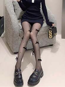 高弹亲肤蝴蝶结珍珠连裤袜，透气显瘦不勾丝甜美少女风连裤袜，春秋季 - 黑色 - 查看 7
