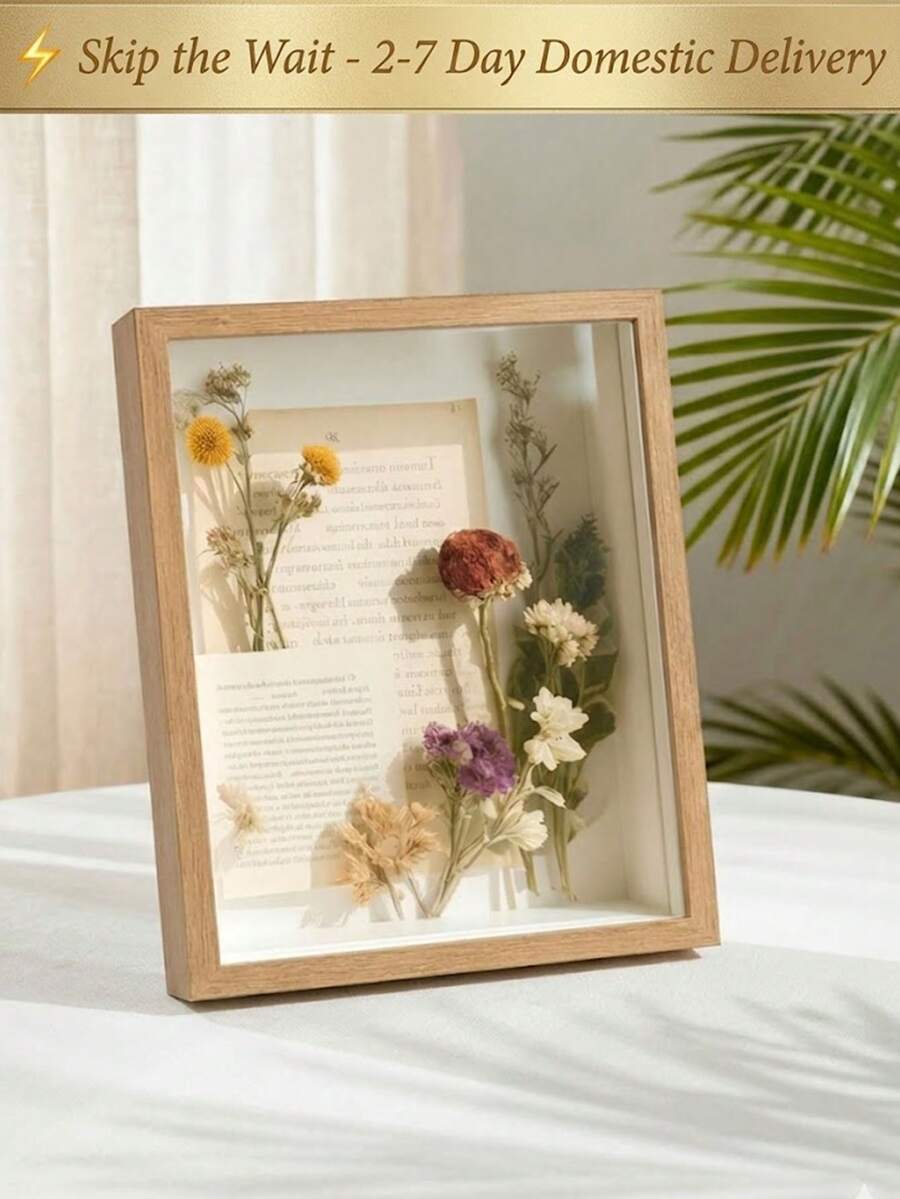 1pc 8x10 Wooden Shadow Box Frame For Dried Flowers, 3D Deep Display Case For Bouquets, Specimens & Memorabilia, Rustic Wood Color Photo Frame For Tabletop & Wall Decor, Wedding Keepsake & Graduation Medals Holder, Decorative Floating Picture Frame For Crafts, DIY Gift - 1PC - View 1
