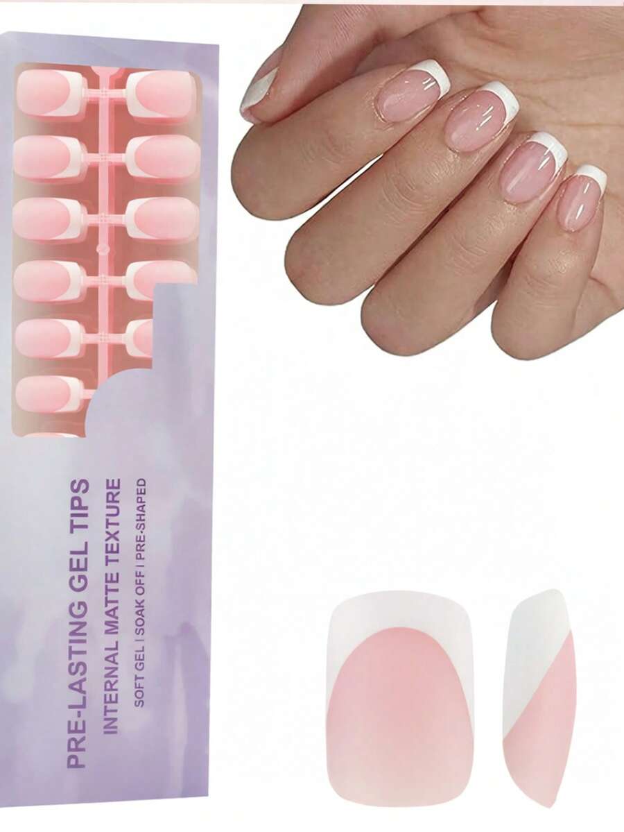 168 Short Square Round Pink And White French Gel Nail Tips, French Nail Tips Pressed On Nails, French Square 3-In-1 Gel Nail Tips, Fake Nails For Nail Art DIY In 12 Sizes, Suitable For Women And Nail Salons Use - Dusty Pink - View 1