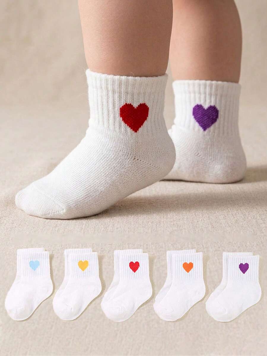 5双装婴儿纯色爱心图案柔软舒适弹力中筒袜 - 彩色 - 查看 1