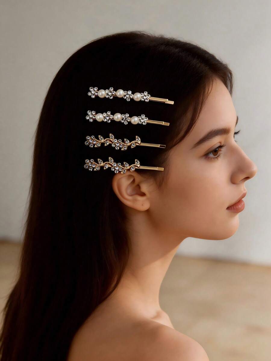 1pc Alloy Crystal Rhinestone Gold Leaf Hair Clip, Elegant Bangs Hairpin, Delicate Pearl Flower Side Clip, Lovely Hair Accessory For Women - Black - View 1