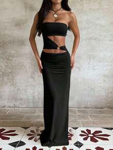 Solid Color Strapless Hollow-Out Summer Vacation Dress Wedding Black Spring Party - Black - View 1