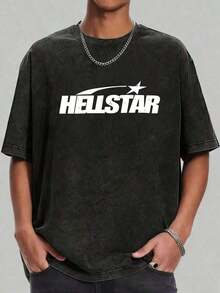 Graphic Tees Men, Hellstars Classic Logo Retro Washed Print, 230g Washed Cotton Crew Neck Short Sleeve T-Shirt, Unisex, Casual Comfortable, Big And Tall, Summer, Free Shipping - 黑色 - 查看 5