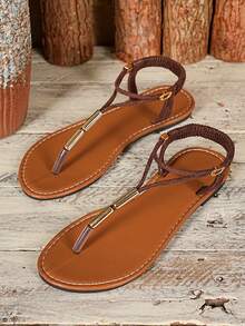 Sandal đế bằng quai chữ T trang trí kim loại dành cho nữ, dép xỏ ngón quai ngang co giãn, giày La Mã thường ngày cho kỳ nghỉ hè đi biển. - Cà phê nâu - Xem 8