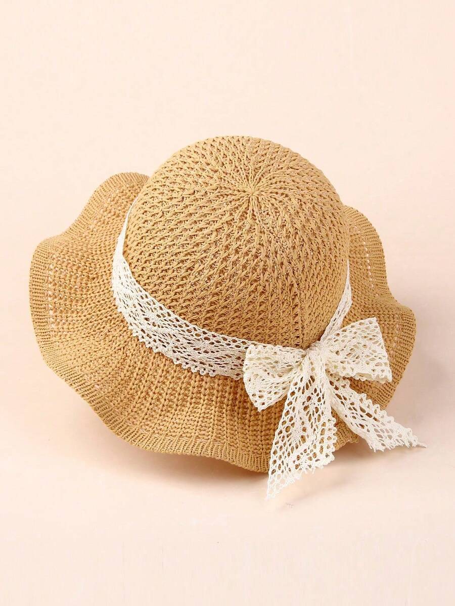 1 chiếc mũ rơm chống nắng cho trẻ em, có viền hoa, mũ rơm giấy vành rộng mùa hè cho cả nam và nữ, mũ đội hàng ngày thoải mái. - sóng - Xem 1
