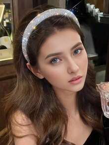 Party Full Rhinestone Headband, Wide-Rimmed With Rhinestone Decoration, Shiny, Luxurious, And Fashionable Headband, Hairband, Headpiece, Hair Accessory. - 銀色 - 查看 7