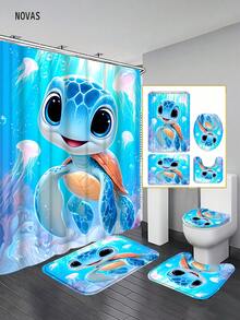 1/3/4件套可爱卡通海龟浴帘套装，海洋风浴室装饰，防水布浴帘配防滑垫、马桶盖套和U型地垫，适用于家居/卧室/客厅/家用物品/夏季 - A - 查看 2