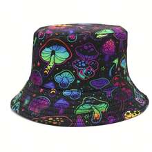Reversible Bucket Hat, Unisex Vibrant Mushroom Print & Solid Black Basin Hat, Hip Hop Y2K Style Two-Sided Wearable Fisherman's Hat - Polychrome - View 1