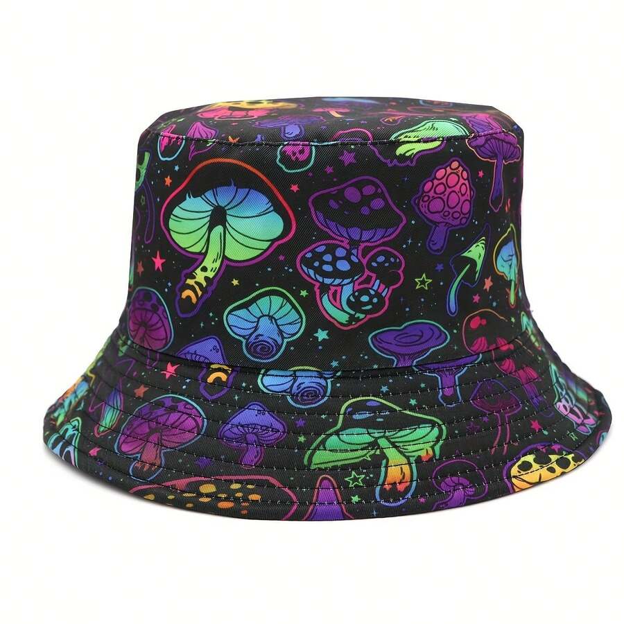 Reversible Bucket Hat, Unisex Vibrant Mushroom Print & Solid Black Basin Hat, Hip Hop Y2K Style Two-Sided Wearable Fisherman's Hat - Polychrome - View 1