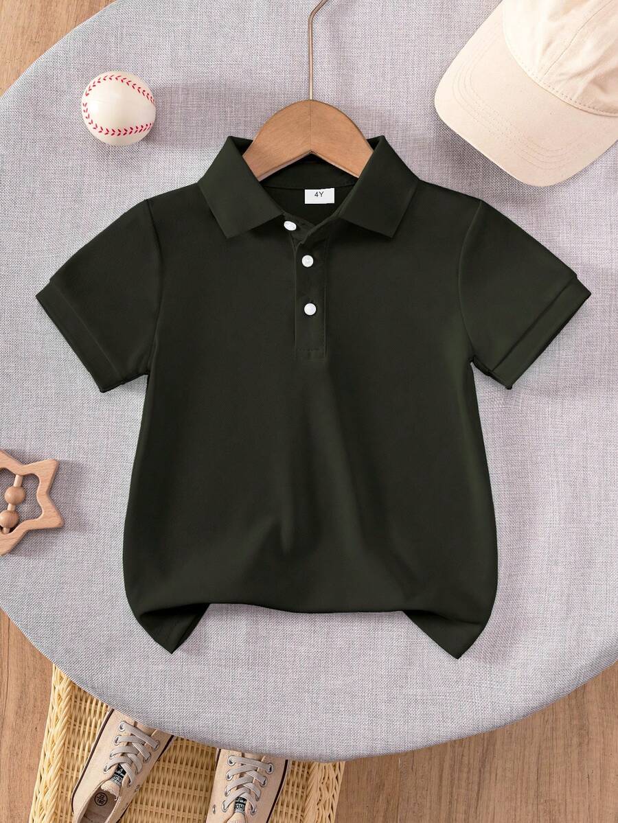 小男孩經典軍綠色純色短袖 Polo 衫，適合日常穿著、外出、聚會、表演和活動 - 軍綠色 - 查看 1